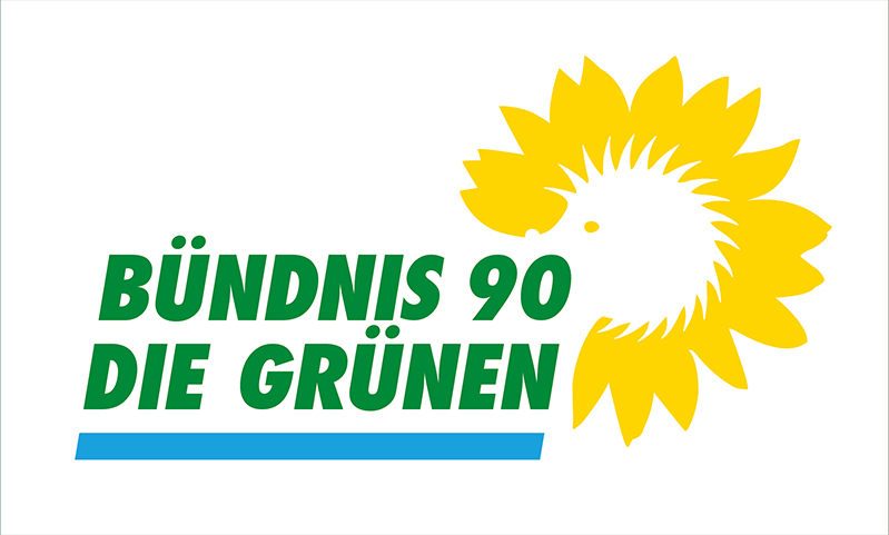 Das Logo der Grünen Fraktion Berlin auf weißem Grund. In grüner Schrift: "Bündnis 90/Die Grünen" darunter ein hellblauer Balken. Oben rechts am Logo eine gelbe Sonnenblume, in deren Mitte ein Igel ist.