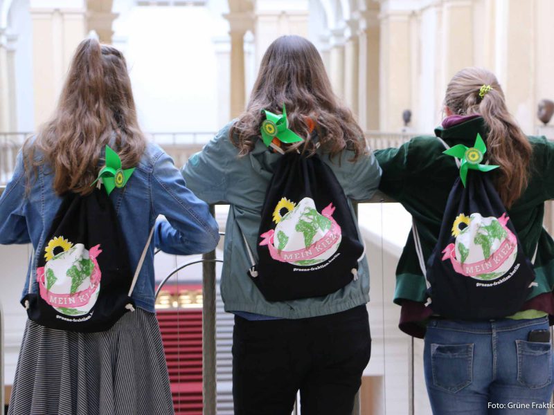 Das Bild zeigt drei Mädchen mit Jutebeuteln von hinten, die im Abgeordnetenhaus stehen.