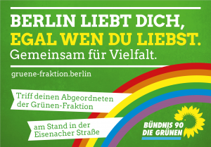 Anzeige mit grünem Hintergrund zum Motzstraßenfest mit der Aufschrift: Berlin liebt dich, egal wen du liebst. Gemeinsam für Vielfalt.