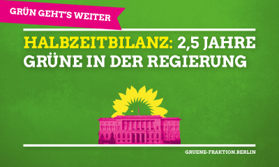 Es ist ein grüber Flyer zur Halbzeitbilanz der Grünen Fraktion im Berliner Abgeordnetenhaus zu sehen