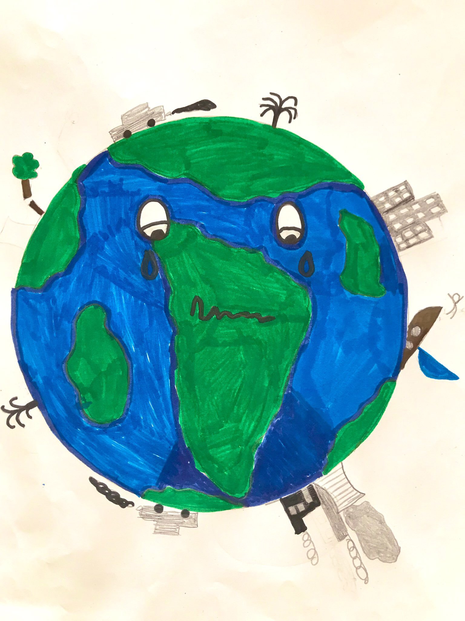Es ist eine Zeichnung von der Erde und verschiedenen Klima- und Umweltpolitischen Themen zu sehen