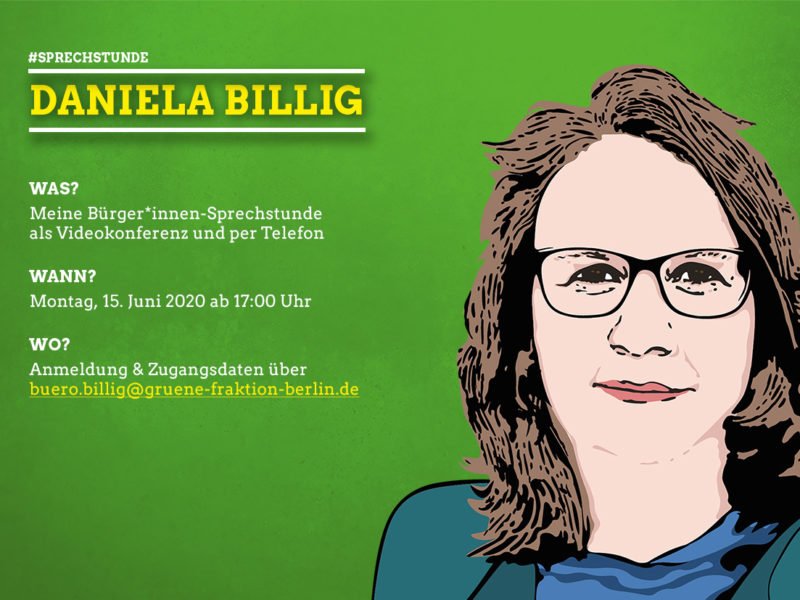 Grafik mit einem Portrait von Daniela Billig und Daten zur Sprechstunde, die im Artikel wiederholt werden.