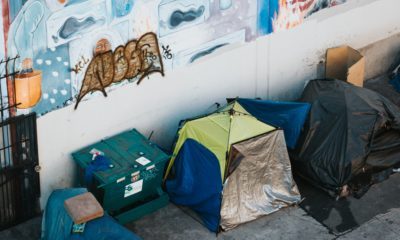 Auf dem Foto sind mehrere Zelte abgebildet, die nebeneinander vor einer mit Graffiti bespraxten Wand stehen. Sie sehen sehr verwahrlost aus und man könnte vermuten, dass obdachlose Menschen darin wohnen.